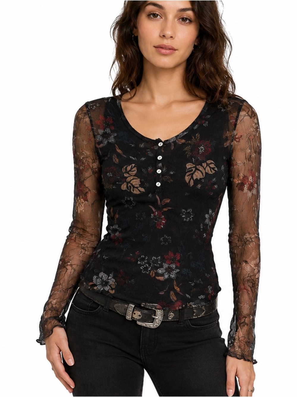 NWT Angela Mara Italy Sheer Mesh Floral Long Sleeve Top Black Women’s Medium